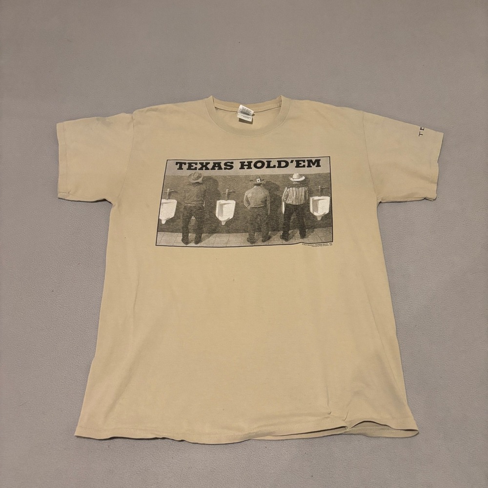 Gildan Texas Hold'em Cowboy Humor Graphic T Shirt Tan Large Paul Stanton Duckboy